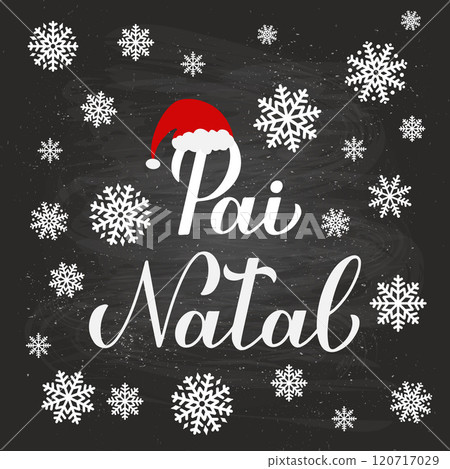 Pai Natal calligraphy hand lettering on on chalkboard background with snowflakes. Santa Claus in Portuguese typography poster. Vector template for greeting card, banner, flyer, etc. 120717029