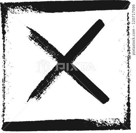 Large black cross painted with brush strokes inside a rough black frame symbolizing a negative decision, cancellation, or rejection, with a grunge aesthetic 120717086