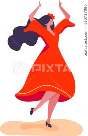 Young woman with long dark hair dances flamenco in a vibrant red dress, showcasing the energy and passion of this traditional spanish art form Young woman with long dark hair dances flamenco in a vibrant red dress, showcasing the energy and passion of this traditional spanish art form 120717090