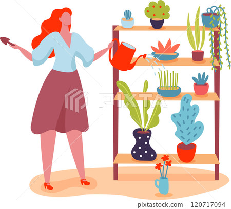 Young woman gardener holding a trowel and watering can, taking care of indoor plants placed on wooden shelves, enjoying her hobby of home gardening 120717094