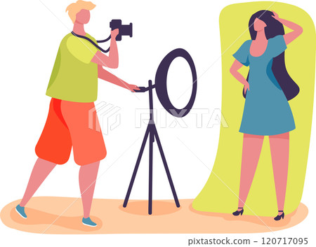 Photographer taking pictures of model posing in a studio setting with a ring light, capturing stylish and professional images for fashion or portfolio purposes 120717095