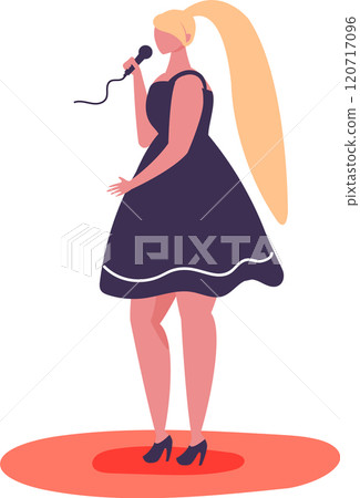 Confident female singer with long blond hair, wearing a stylish dress and high heels, gracefully holding a microphone and captivating the audience with her performance on a vibrant stage 120717096