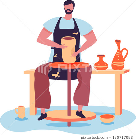 Male potter making ceramic pot on pottery wheel, surrounded by finished clay products, showcasing the artistic process of pottery Male potter making ceramic pot on pottery wheel, surrounded by finished clay products, showcasing the artistic process of pottery 120717098
