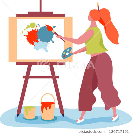 Talented woman artist painting colorful abstract modern art on canvas, expressing creativity and passion in art studio 120717101