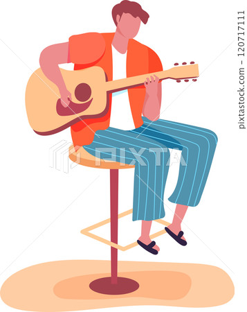 Young musician concentrated playing acoustic guitar sitting on a stool, performing live music in a relaxed and inspiring atmosphere Young musician concentrated playing acoustic guitar sitting on a stool, performing live music in a relaxed and inspiring atmosphere 120717111