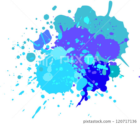 Vibrant paint splatters in shades of blue, purple, and teal create an energetic and abstract design against a clean white backdrop, adding a dynamic and artistic touch Vibrant paint splatters in shades of blue, purple, and teal create an energetic and abstract design against a clean white backdrop, adding a dynamic and artistic touch 120717136