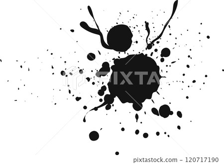 Black ink splatters artistically on a white background, creating an abstract design with varying shapes and sizes of ink droplets Black ink splatters artistically on a white background, creating an abstract design with varying shapes and sizes of ink droplets 120717190
