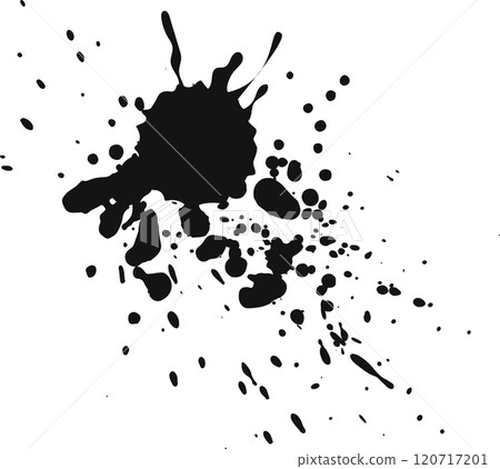 Black ink splattering on white background. Creating chaotic abstract shapes with various droplets and splashes. Adding grungy texture. Capturing fluid energy in motion. Perfect for creative projects 120717201