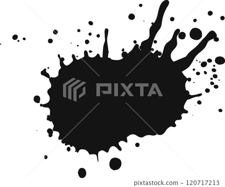 Large black ink splatters dramatically against a pristine white backdrop, forming an intriguing abstract shape with dynamic lines and droplets 120717213