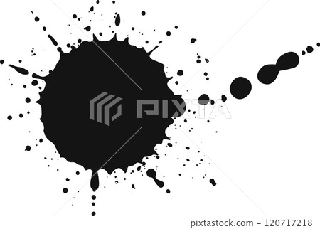 Black ink or paint is splashing, creating a large blob and smaller droplets on a clean white background, perfect for adding a grunge or artistic touch to designs Black ink or paint is splashing, creating a large blob and smaller droplets on a clean white background, perfect for adding a grunge or artistic touch to designs 120717218