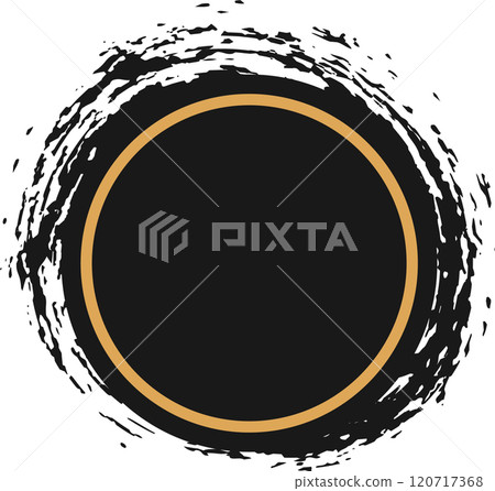 Black circle with a prominent gold border is encompassed by a textured grunge effect, creating a dynamic and visually striking design element Black circle with a prominent gold border is encompassed by a textured grunge effect, creating a dynamic and visually striking design element 120717368