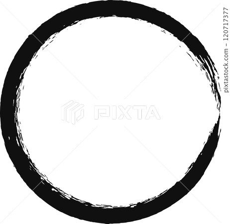 Hand drawn black brush stroke forms a perfect circle, adding an artistic touch to designs and projects with its textured and imperfect edge 120717377