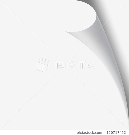Realistic vector illustration of a curled white paper corner creating a shadow effect on an empty background, offering a simple yet elegant design Realistic vector illustration of a curled white paper corner creating a shadow effect on an empty background, offering a simple yet elegant design 120717432