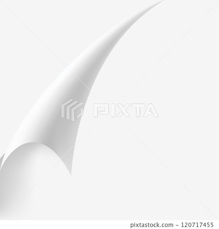 Curled white paper corner on clean background, ideal for text or design. Versatile template for posters, flyers, covers. Add creativity to projects 120717455