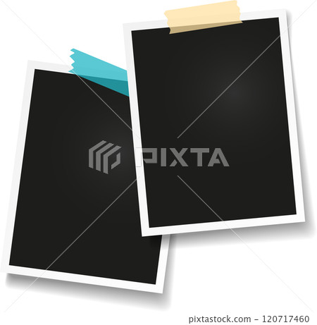 Two blank instant photo prints are attached with adhesive tape to a white background, creating a simple yet evocative backdrop for memories and creative projects 120717460