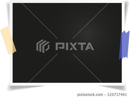 Photo frame with black copy space fixed to white background with two pieces of adhesive tape, useful template for graphic designers 120717461