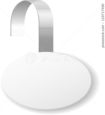Round white wobbler hanging from a metallic strip, ideal for promoting sales, discounts, or special offers in a retail environment, creating visual appeal and attracting customer attention Round white wobbler hanging from a metallic strip, ideal for promoting sales, discounts, or special offers in a retail environment, creating visual appeal and attracting customer attention 120717490