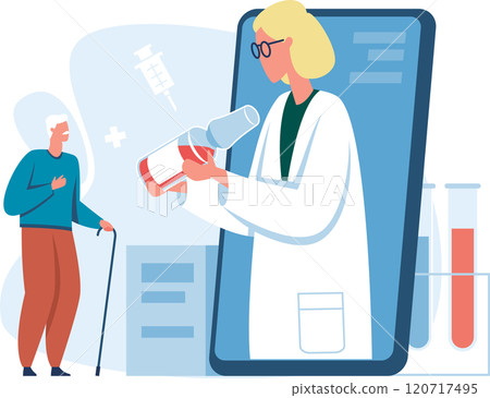Female doctor coming out of a smartphone screen recommending medicine to elderly man holding a walking cane, symbolizing online medical consultation and healthcare support for senior citizens 120717495