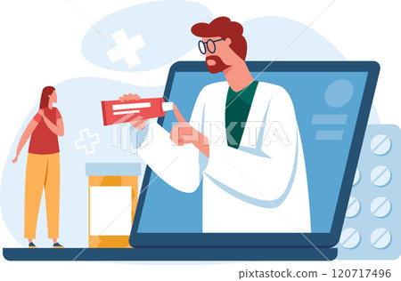 Doctor explaining medicine dosage to patient during a telemedicine appointment, promoting healthcare accessibility and remote medical assistance 120717496
