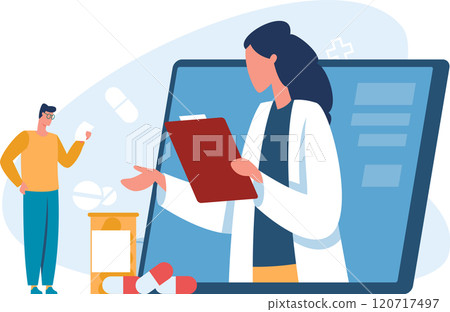 Online medical consultation service, female doctor explaining prescription through video call to patient holding medical records, healthcare and technology concept 120717497