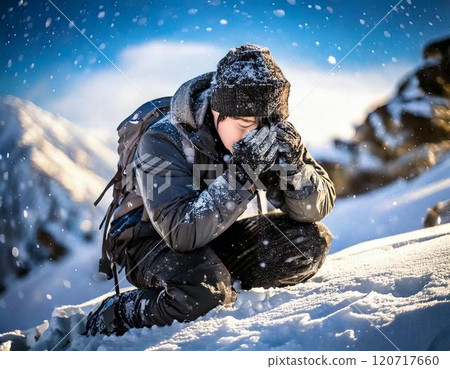 A man kneeling and crying on a snowy mountain 120717660