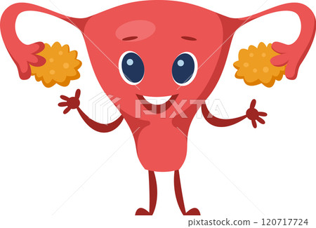 Cartoon illustration of a smiling uterus character holding ovaries, representing the female reproductive system in a friendly and educational way Cartoon illustration of a smiling uterus character holding ovaries, representing the female reproductive system in a friendly and educational way 120717724