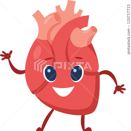 Cartoon illustration of a happy human heart waving and smiling, promoting health, cardiology, and medical concepts with a cheerful and engaging design 120717725