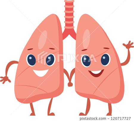 Cartoon lungs holding hands and smiling, promoting respiratory health and well being, providing engaging visuals for educational or healthcare materials 120717727