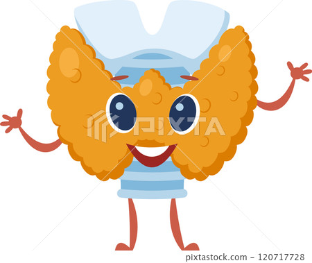 Cute cartoon thyroid character promotes health awareness against a white background, educating about the endocrine system and thyroid diseases 120717728