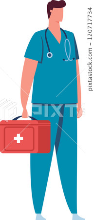 Male paramedic in blue scrubs holds a red first aid kit, ready to offer emergency medical services 120717734
