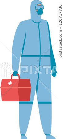Paramedic in hazmat suit, mask, gloves, and first aid kit provides emergency medical services during a pandemic, ensuring safety and protection 120717736