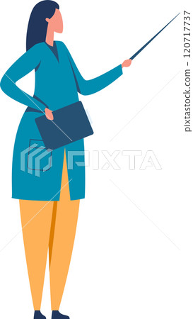 Female scientist wearing lab coat holding folder and pointing with stick during presentation or lecture, scientific research and development concept 120717737
