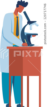 Scientist analyzing samples with a microscope in a lab, taking notes on biology, chemistry, and medicine. Fully immersed in groundbreaking research 120717746