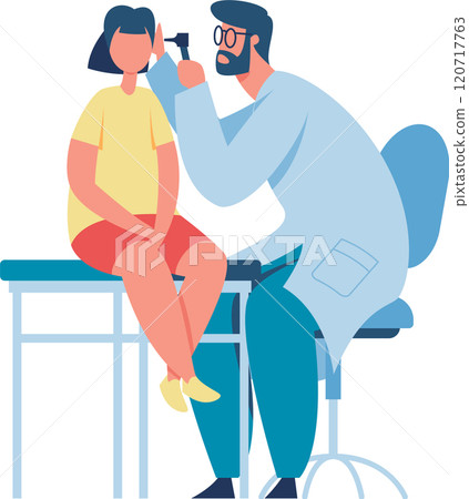 Pediatrician using otoscope for ear examination of young patient sitting on examination table during medical consultation in hospital or clinic 120717763
