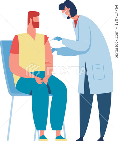 Doctor vaccinating a patient sitting on a chair, showcasing healthcare and prevention in action. The scene emphasizes the importance of immunization for safeguarding against diseases 120717764