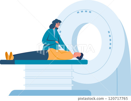 Doctor reassuring patient lying on a gurney, preparing to enter mri machine for a diagnostic scan, highlighting healthcare and medical technology 120717765