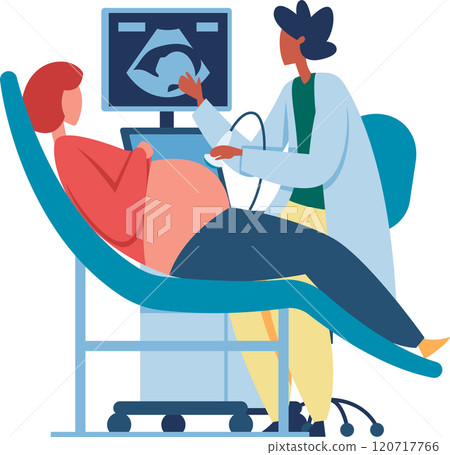 Doctor carefully uses an ultrasound machine to examine a pregnant woman in a healthcare setting, providing important information about the fetus 120717766