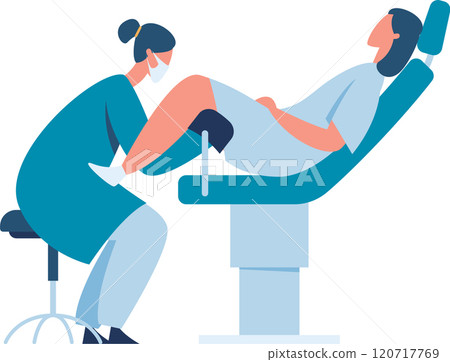 Doctor wearing face mask and gloves performing gynecological examination on female patient lying on a special chair in medical office Doctor wearing face mask and gloves performing gynecological examination on female patient lying on a special chair in medical office 120717769