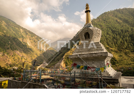 Tibetan Buddhist pagoda in Syabrubesi village a beautiful resident village inside the Langtang National Park of Nepal.  120717782