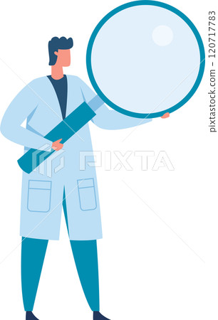 Scientist wearing a lab coat is holding a large magnifying glass, symbolizing scientific investigation, analysis, and the search for knowledge and breakthroughs 120717783