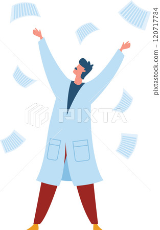Medical professional throwing papers in the air celebrating a new discovery or successful research and development. Expressing joy and excitement for achieving a breakthrough in science and medicine 120717784