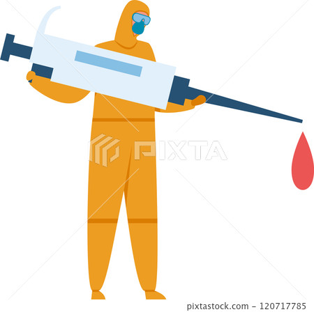 Doctor wearing a yellow hazmat suit and protective mask holding a giant syringe with a vaccine droplet, representing vaccination, healthcare, and pandemic response Doctor wearing a yellow hazmat suit and protective mask holding a giant syringe with a vaccine droplet, representing vaccination, healthcare, and pandemic response 120717785