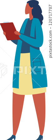 Confident female doctor reviewing patient information in healthcare setting. Wearing lab coat and holding clipboard with charts and notes. Focused on analyzing history. Symptoms 120717787