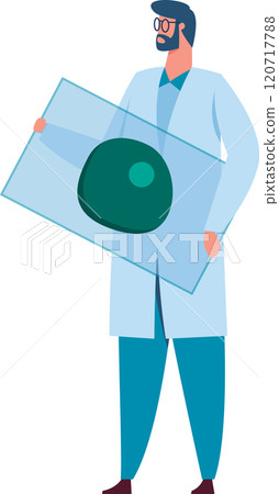 Scientist wearing a lab coat and glasses holding a glass slide containing a green cell, likely conducting research or analysis in a scientific laboratory Scientist wearing a lab coat and glasses holding a glass slide containing a green cell, likely conducting research or analysis in a scientific laboratory 120717788