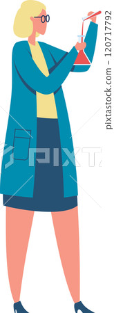 Female scientist in glasses and lab coat pours red liquid into a beaker, fully immersed in chemistry research for healthcare innovation 120717792