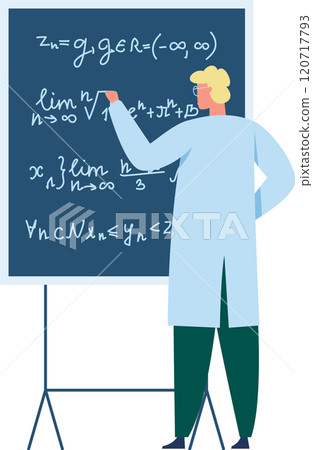 Scientist wearing lab coat and glasses writing complex mathematical formulas and limits on a blackboard during a lecture or presentation 120717793