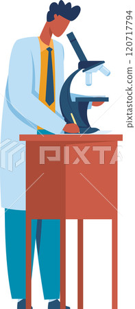 Scientist is conducting research, meticulously examining a sample through a microscope in a laboratory setting, taking notes while observing 120717794