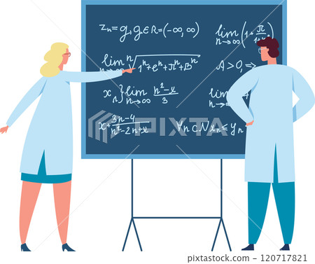 Two scientists, a woman and a man, are studying complex mathematical formulas written on a blackboard, engaging in scientific discussion and analysis Two scientists, a woman and a man, are studying complex mathematical formulas written on a blackboard, engaging in scientific discussion and analysis 120717821