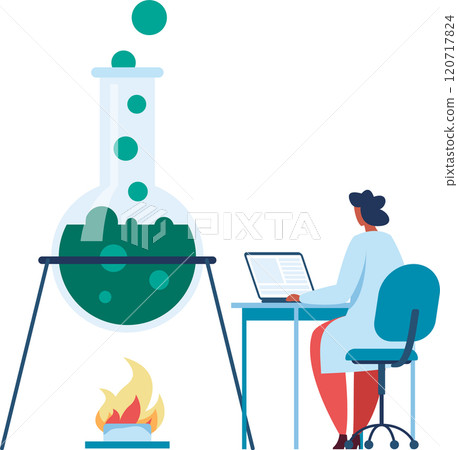 Chemical experiment boiling on fire with scientist analyzing results on laptop, representing scientific research, laboratory work, and chemical reactions 120717824