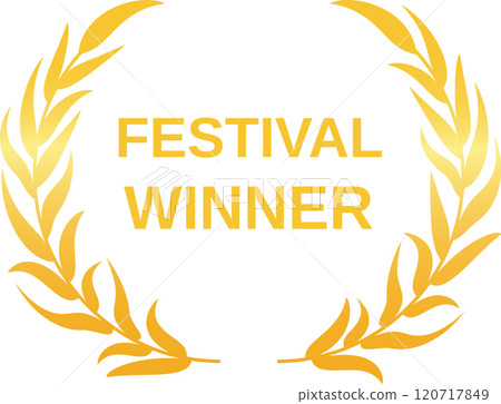Golden laurel wreath framing the words festival winner, conveying victory, achievement, and recognition in a festival or competition 120717849